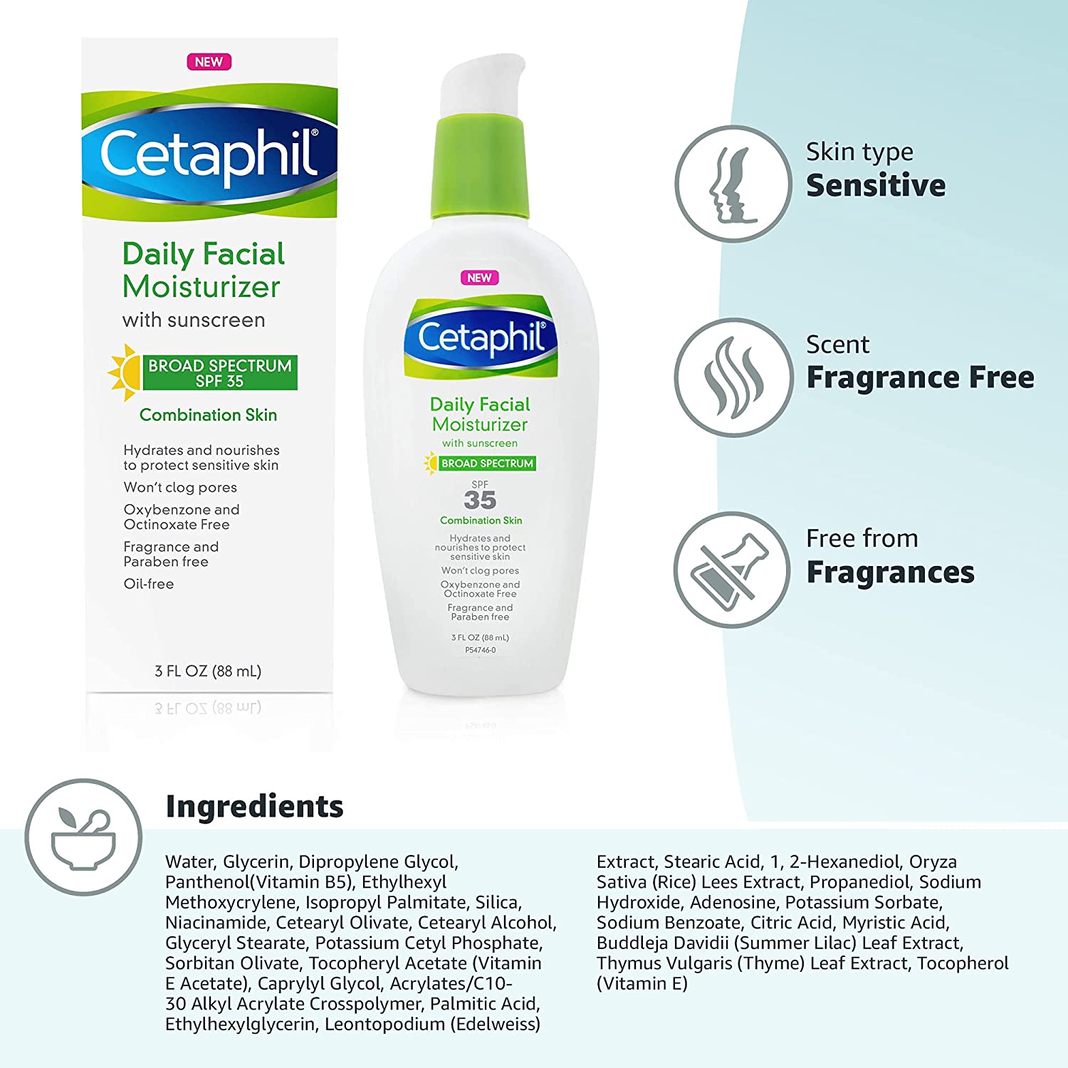 Cetaphil Face Moisturizer, Daily Oil Free Facial Moisturizer with SPF 35, For Dry or Oily Combination Sensitive Skin, Fragrance Free Face Lotion - Image 9